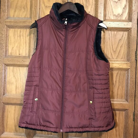 KC Collections Women’s XL Burgundy & Black Reversible Quilted Vest Faux Fur Zip - Picture 1 of 13